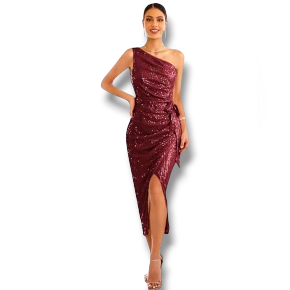 Grace Karin Sequined One Shoulder Wrap Maxi Dress w/ Slit | XL